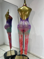 Debra Sparkly Rhinestone Colorful Print Mesh Halter Jumpsuit