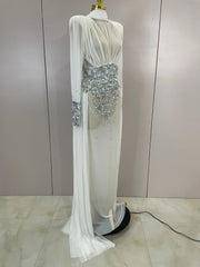 Dana white diamond mesh abaya maxi dress for women. Elegant luxury gown for weddings, birthdays, and evening parties.