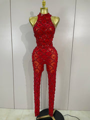 Journee wearing a luxury sparkly black diamond mesh see through jumpsuit.