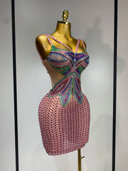 Miranda colorful crystal mesh bodycon mini dress. V-neck party dress for birthdays, vacations, nightlife, and stage performances.