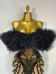 Women Sexy Strapless Backless Black Diamond Mini Dress Evening Party Birthday Costume Nightclub Singer Stage Performance Costume