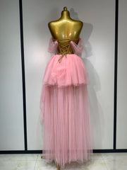Strapless Pink Mesh Two Pieces Set Birthday Dress