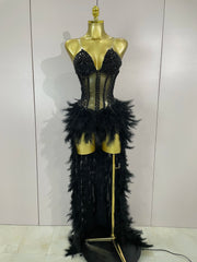 Gabrielle luxury rhinestone feather mesh long tail bodysuit for women, perfect for stage and nightclub performances.