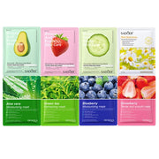 20 Pieces Natural Fruit Plant Facial Mask Sheets Moisturizing Oil-Control Blueberry Cucumber Pomegranate Fruit Aloe Face Mask