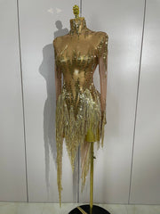 Nina sexy sparkly rhinestone golden sequins tassel mesh dress for women party evening