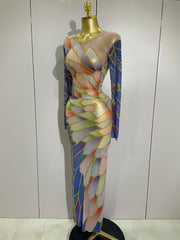 Jamie luxury sparkly rhinestone sheer mesh long dress with stretchy bodycon fit for evening party and stage wear