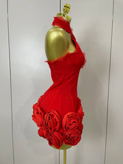 Cleo halter red floral lace bodycon mini dress for women’s birthdays, nightclub parties, or evening fashion events.