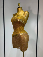 Lorraine luxury diamonds mesh mini dress – glamorous sequin bodycon outfit for birthdays, parties, and stage performances.