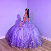 Purple Shiny Puffy Off-Shoulder Quinceañera Dress 2024