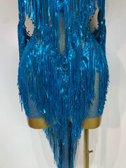 Christy blue mesh mini dress with sapphire rhinestones and cascading tassels for a sparkly evening look.