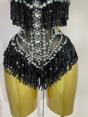 Claire rhinestone feather tassel mesh bodysuit for women. Sexy performance outfit for nightlife, dance, and stage events.