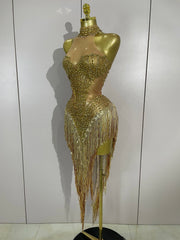 Vonda sparkly rhinestone and pearl tassel mesh see-through dress for evening parties, birthdays, or club events.