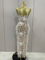 sparkly beaded feather pearl halter bodycon long dress, perfect for prom, red carpet, evening parties, and birthdays.