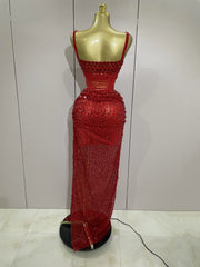 sparkly red rhinestone sequin 2-piece long dress, perfect for stage, birthday celebrations, and glamorous evening events.