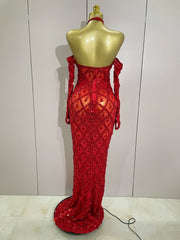 Avery sparkly rhinestones halter mesh long prom dress with gloves for women.