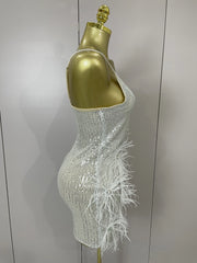 Simone sparkling diamond feather halter sequin mini dress for nightclub and birthday styling