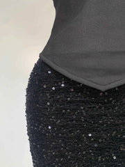 Mendi Sexy Strapless Sequin Black Maxi Long Bandage Three Piece Set