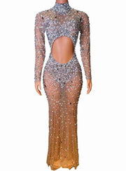 Carmela Sexy Full Rhinestone Mesh Sheer Long Sleeve Bodycon Dress
