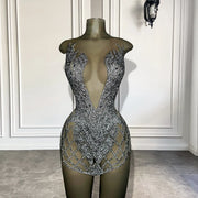 Sparkly Silver Diamond Birthday Sexy See Through Dress