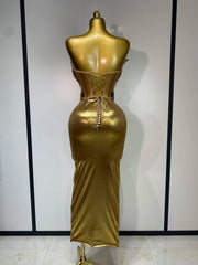 Vanessa luxury gold crystal strapless bodycon dress with shimmering sequins and elegant fit.
