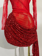 Donna sparkly rhinestone red sequin lace mesh see-through mini dress for women.
