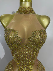 Vonda sparkly rhinestone and pearl tassel mesh see-through dress for evening parties, birthdays, or club events.