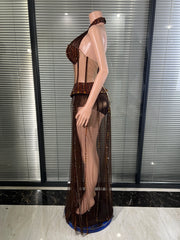 Envious Designs Solana crystal halter sheer mesh sequin tassel dress for birthday and nightclub party styling