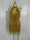 Rhaena Shiny Gold Rhinestone Tassel Mini Dress