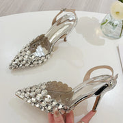 Elegant Pointed Toe Slingback Stiletto Sandals Crystal Diamonds Women Pumps High Heels