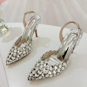 Elegant Pointed Toe Slingback Stiletto Sandals Crystal Diamonds Women Pumps High Heels