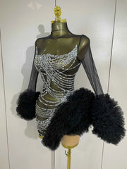 2026 Sexy Stage Costume Sparkly Diamond Black Mesh Long Sleeves See-Through Mini Dress Women Luxury Birthday Eveing Party Gown