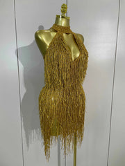 Rhaena Shiny Gold Rhinestone Tassel Mini Dress