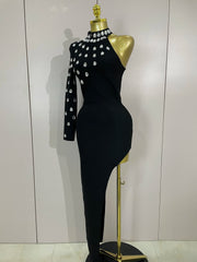 Kayla sexy one-shoulder rhinestone black long bodycon bandage dress