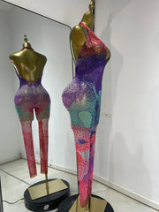Debra Sparkly Rhinestone Colorful Print Mesh Halter Jumpsuit
