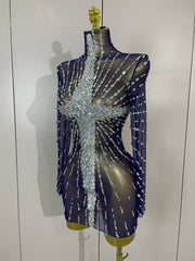 Ajay sheer mesh see-through sparkling diamond sequin long sleeve mini dress for women party night out