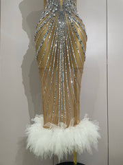 Envious Designs Ara luxury sparkly silver rhinestone sexy mesh see-through long dress for evening gala styling