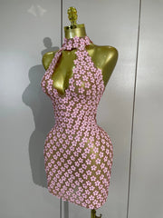 Bridgette pink floral sequin mesh mini dress featuring a sexy halter neckline and sheer party dress design