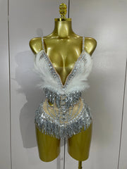 Claire rhinestone feather tassel mesh bodysuit for women. Sexy performance outfit for nightlife, dance, and stage events.