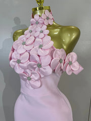 Turn heads in the Laiza halter backless flower bandage bodycon maxi dress. Elegant gown for weddings, birthdays, cocktail parties, and events.