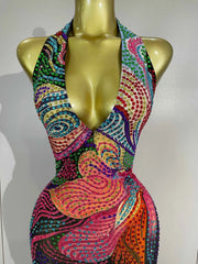 Sexy Colorful Rhinestone Print Long Dress Woman Halter Deep V Neck Backless 2026 Women Birthday Eveing Party Club Stage Costume