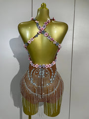 Clarice colorful floral diamond chain mesh bodysuit with luxury embellishments and fitted silhouette