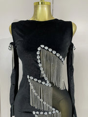 Angela sexy sparkly diamond chain velour patchwork mesh mini dress