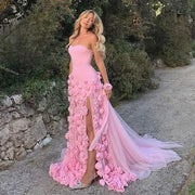 2025 Mermaid Evening Prom Dress Pink Flowers Strapless Side Slit