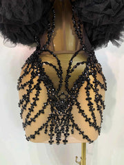 Women Sexy Strapless Backless Black Diamond Mini Dress Evening Party Birthday Costume Nightclub Singer Stage Performance Costume