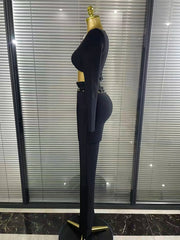 Brittani gold beaded long sleeve two-piece bodycon bandage set 