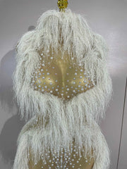 2026 New Sparkly Pearl Tassel Mesh See Through Long Dress Women Sexy Luxury Birthday Prom Party Nightclub Singer Stage Costume