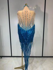 Carlene blue rhinestone tassel see through mesh birthday dress