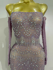 Luxury Sparkly Rhinestones Chain Sexy Mesh Purple Mini Dress With Gloves Women Evening Birhthday Party Nightclub Stage Costume