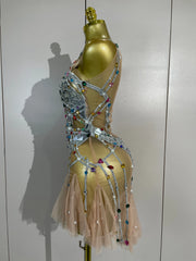 Alice colorful rhinestone mirror mesh mini dress with a sheer bodycon silhouette for a glamorous party look
