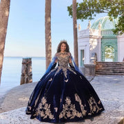 Navy Blue Velvet Quinceañera Ball Gown